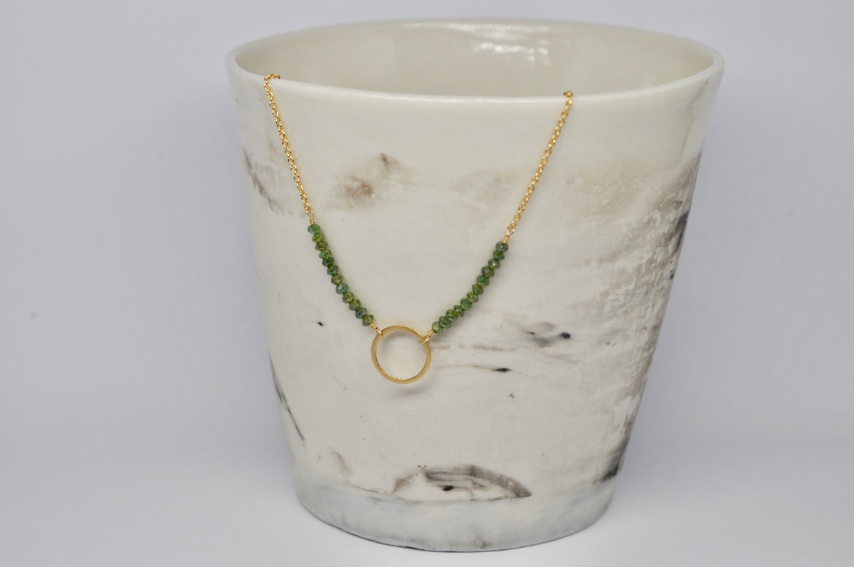 18k Yellow Gold Circle Necklace with Green Diamond Beads