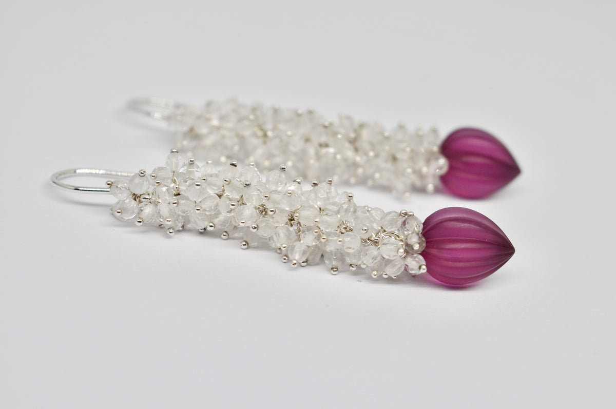 Rock Crystal & Fuchsia Glass Drop Earrings — Sterling Silver