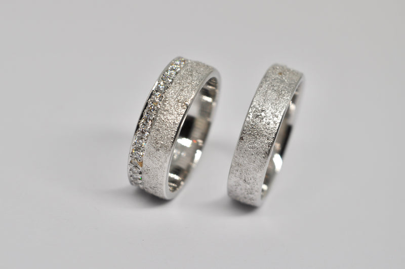 Textured White Gold Wedding Band Set with Diamond Channel