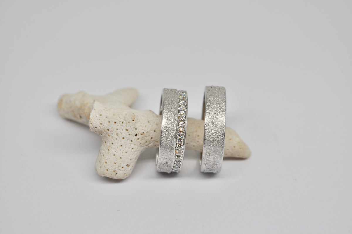 Textured White Gold Wedding Band Set with Diamond Channel