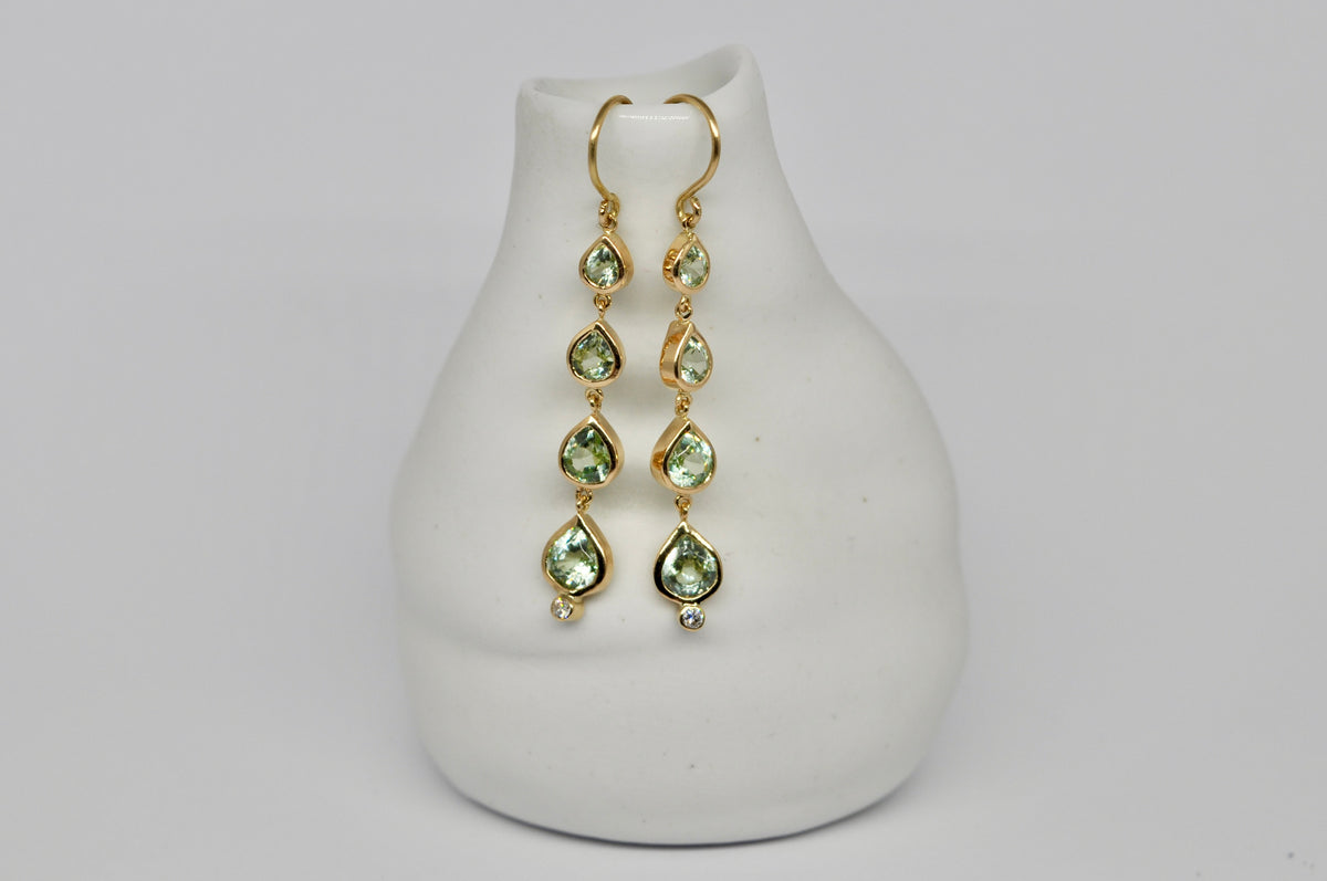 Green Mint Garnet & Diamond Cascade Earrings in 18K Gold