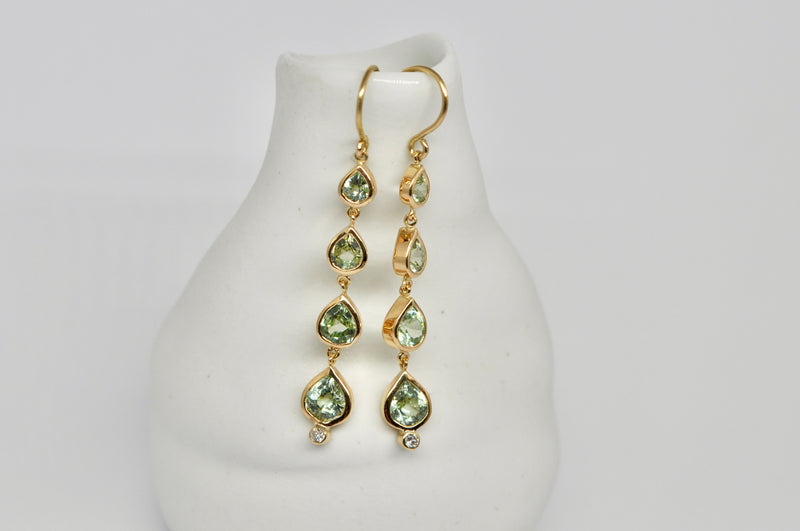 Green Mint Garnet & Diamond Cascade Earrings in 18K Gold