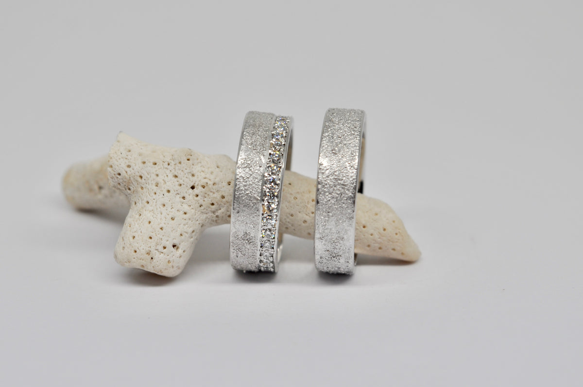 Textured White Gold Wedding Band Set with Diamond Channel