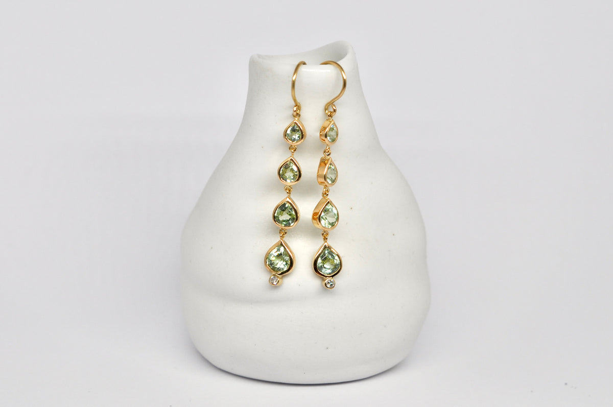 Green Mint Garnet & Diamond Cascade Earrings in 18K Gold