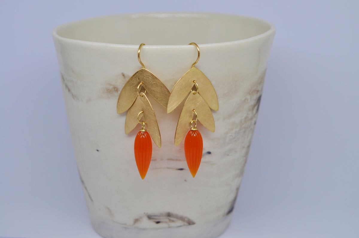 LEAF DROP EARRINGS, GOLD, CARNELIAN