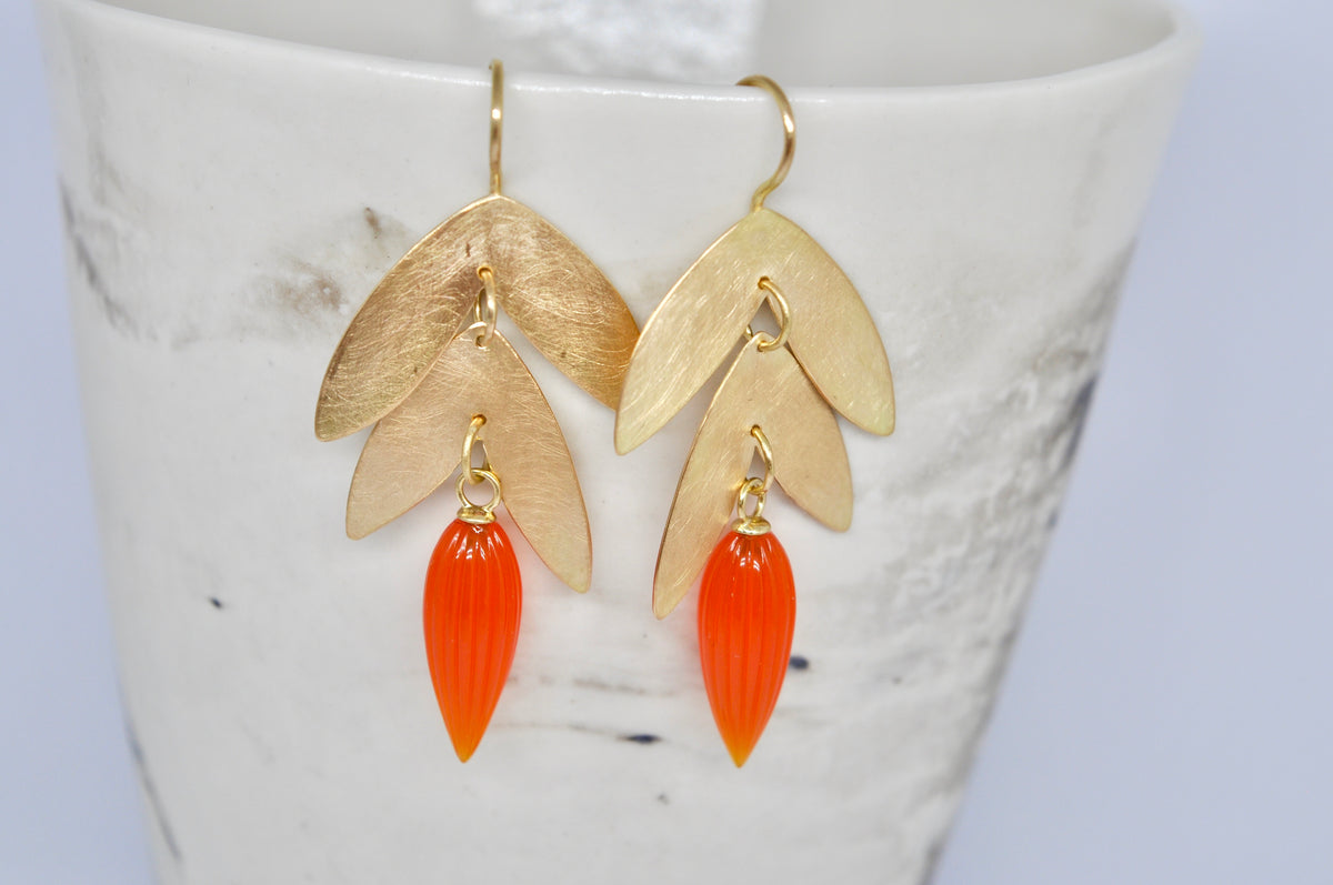 LEAF DROP EARRINGS, GOLD, CARNELIAN
