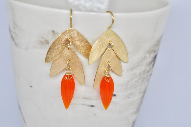 LEAF DROP EARRINGS, GOLD, CARNELIAN