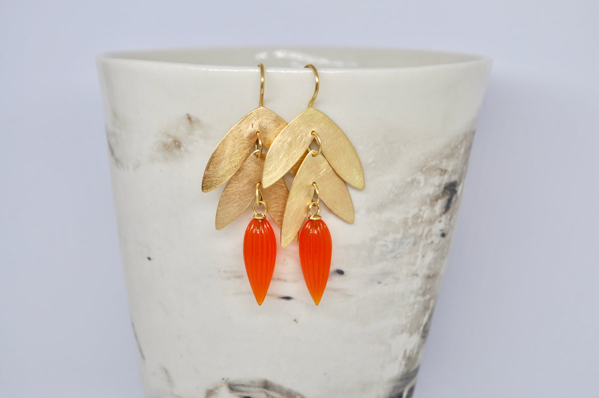 LEAF DROP EARRINGS, GOLD, CARNELIAN