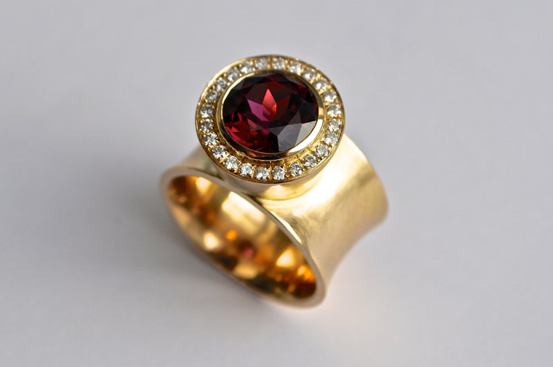 18K Yellow Gold Rhodolite Garnet Diamond Halo Wide Band Ring