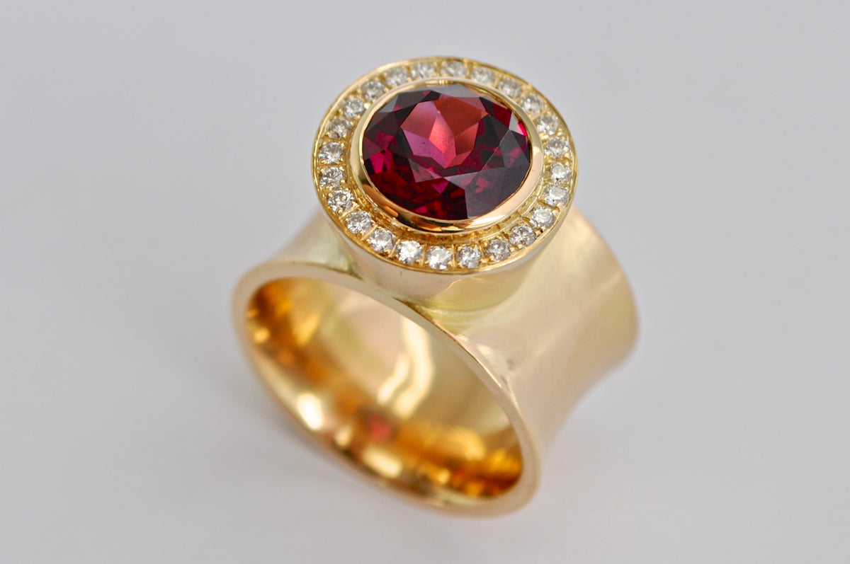18K Yellow Gold Rhodolite Garnet Diamond Halo Wide Band Ring