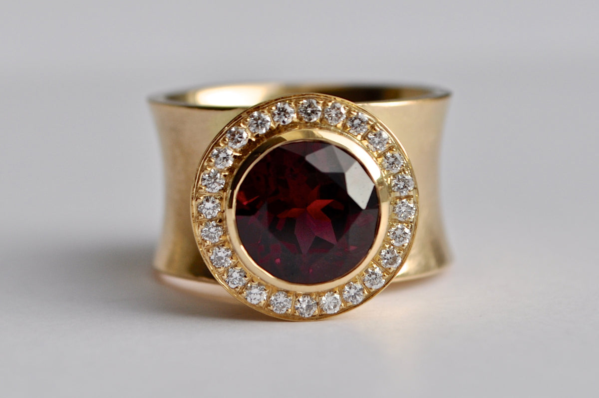 18K Yellow Gold Rhodolite Garnet Diamond Halo Wide Band Ring