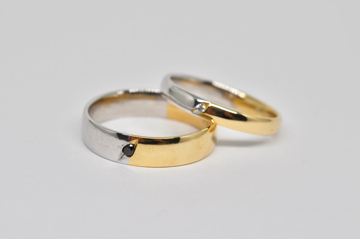 Two-Tone Wedding Band Set - White & Yellow Gold with Black & White Diamonds