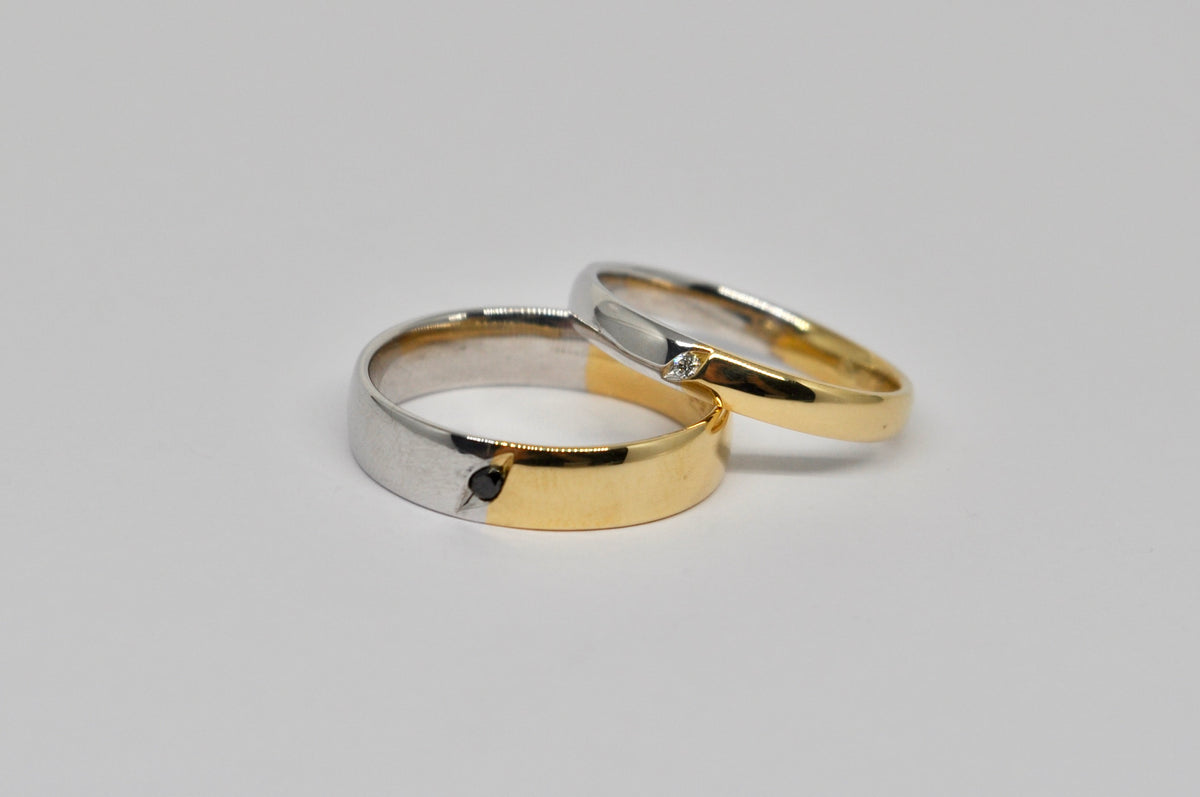 Two-Tone Wedding Band Set - White & Yellow Gold with Black & White Diamonds