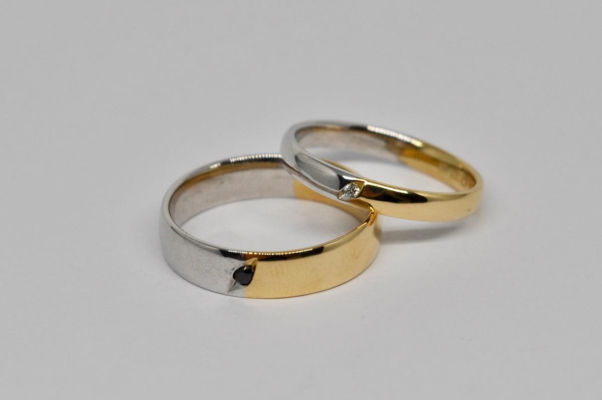 Two-Tone Wedding Band Set - White & Yellow Gold with Black & White Diamonds