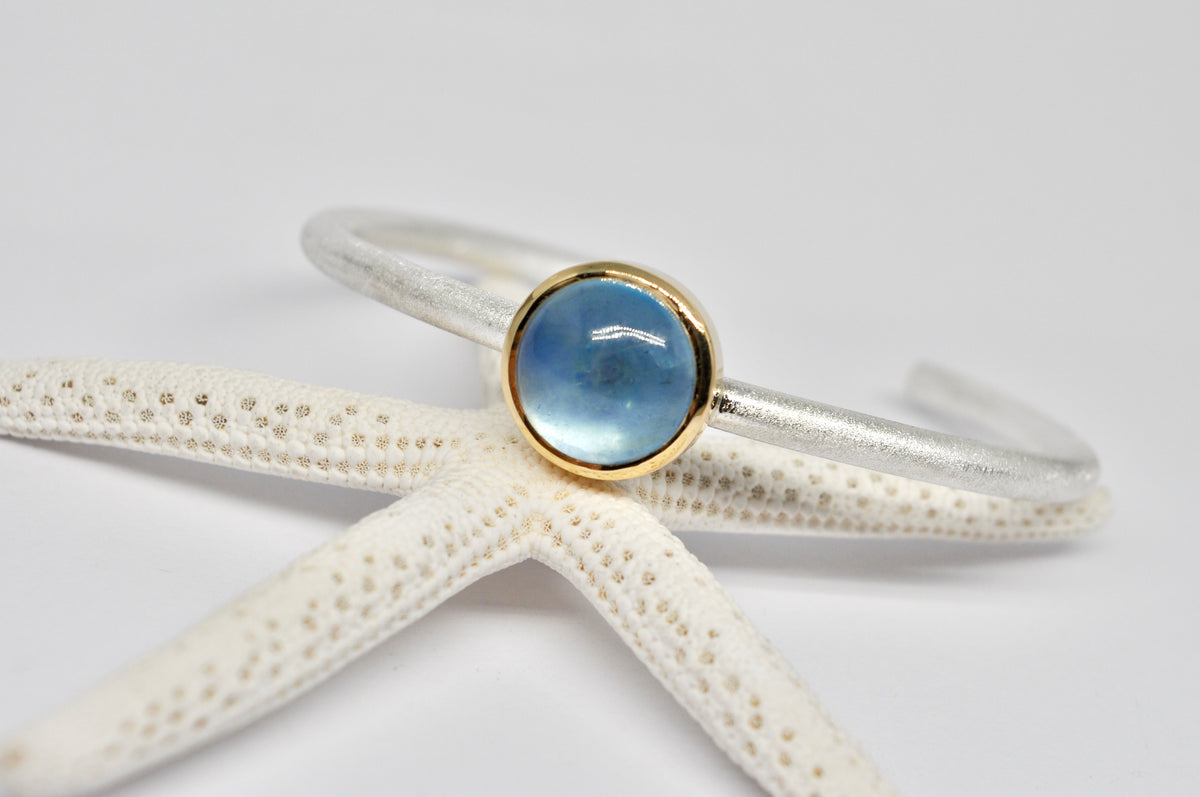 Silver Bangle with Blue Aquamarine Cabochon