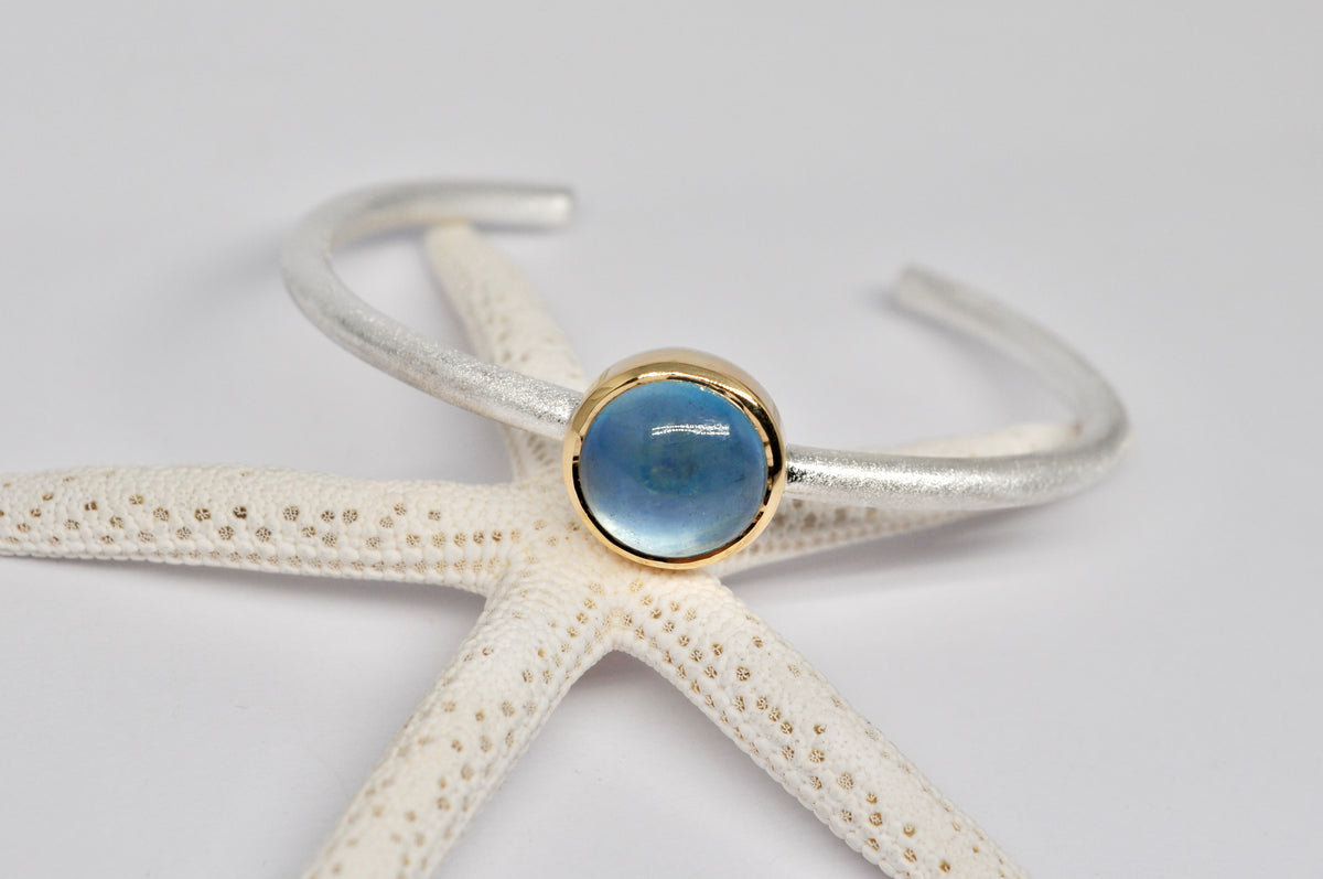 Silver Bangle with Blue Aquamarine Cabochon