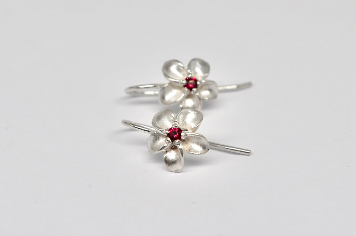 Silver Flower Earrings with Red Spinel