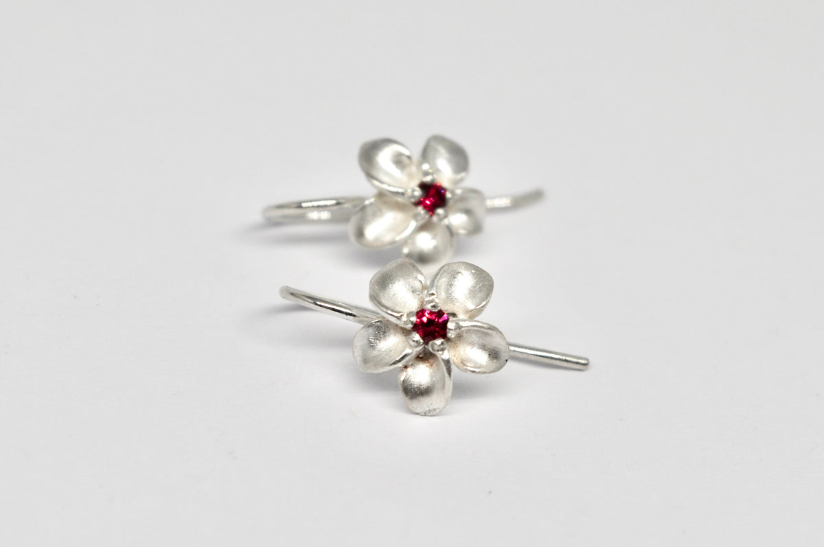 Silver Flower Earrings with Red Spinel