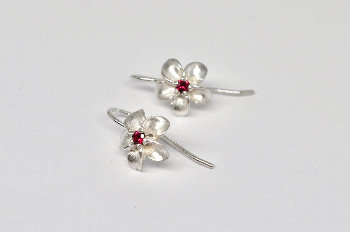 Silver Flower Earrings with Red Spinel