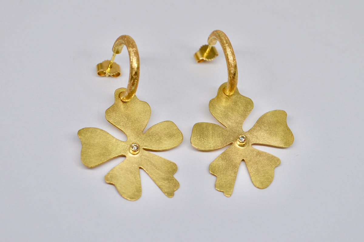 Statement Earrings, 18k Yellow Gold Hoops with Diamond-Set Flowers