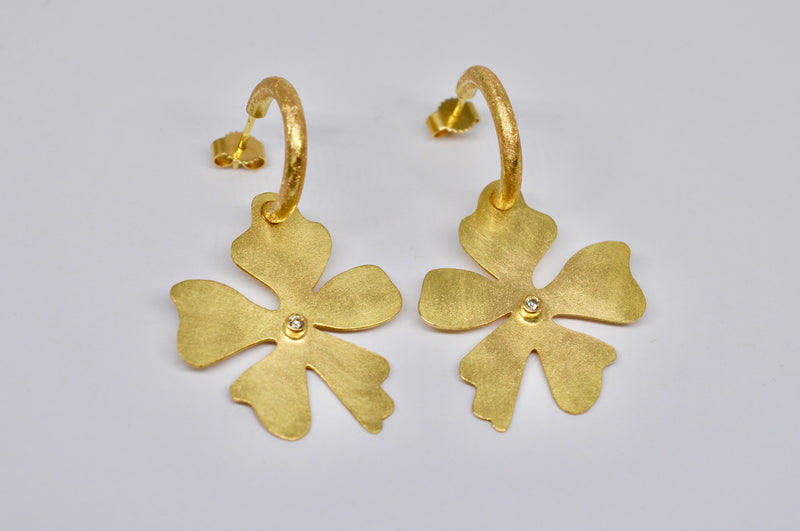 Statement Earrings, 18k Yellow Gold Hoops with Diamond-Set Flowers