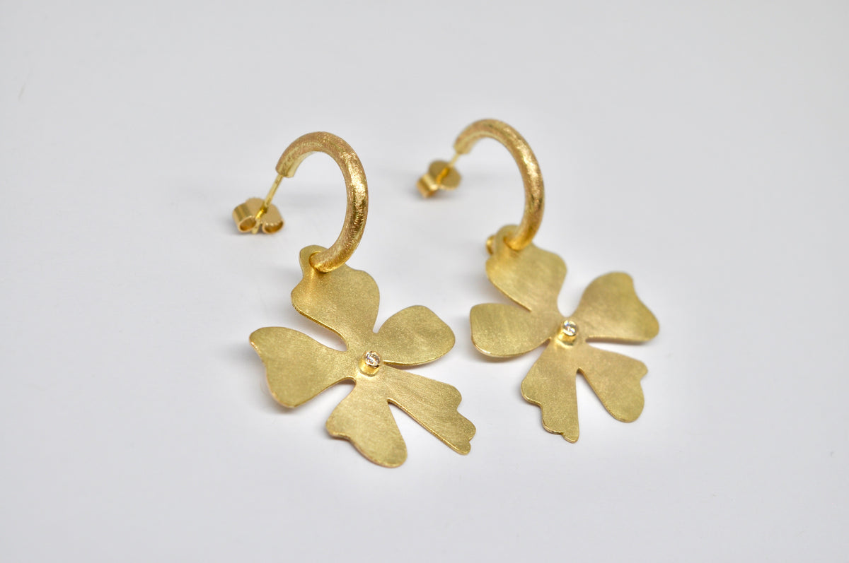 Statement Earrings, 18k Yellow Gold Hoops with Diamond-Set Flowers