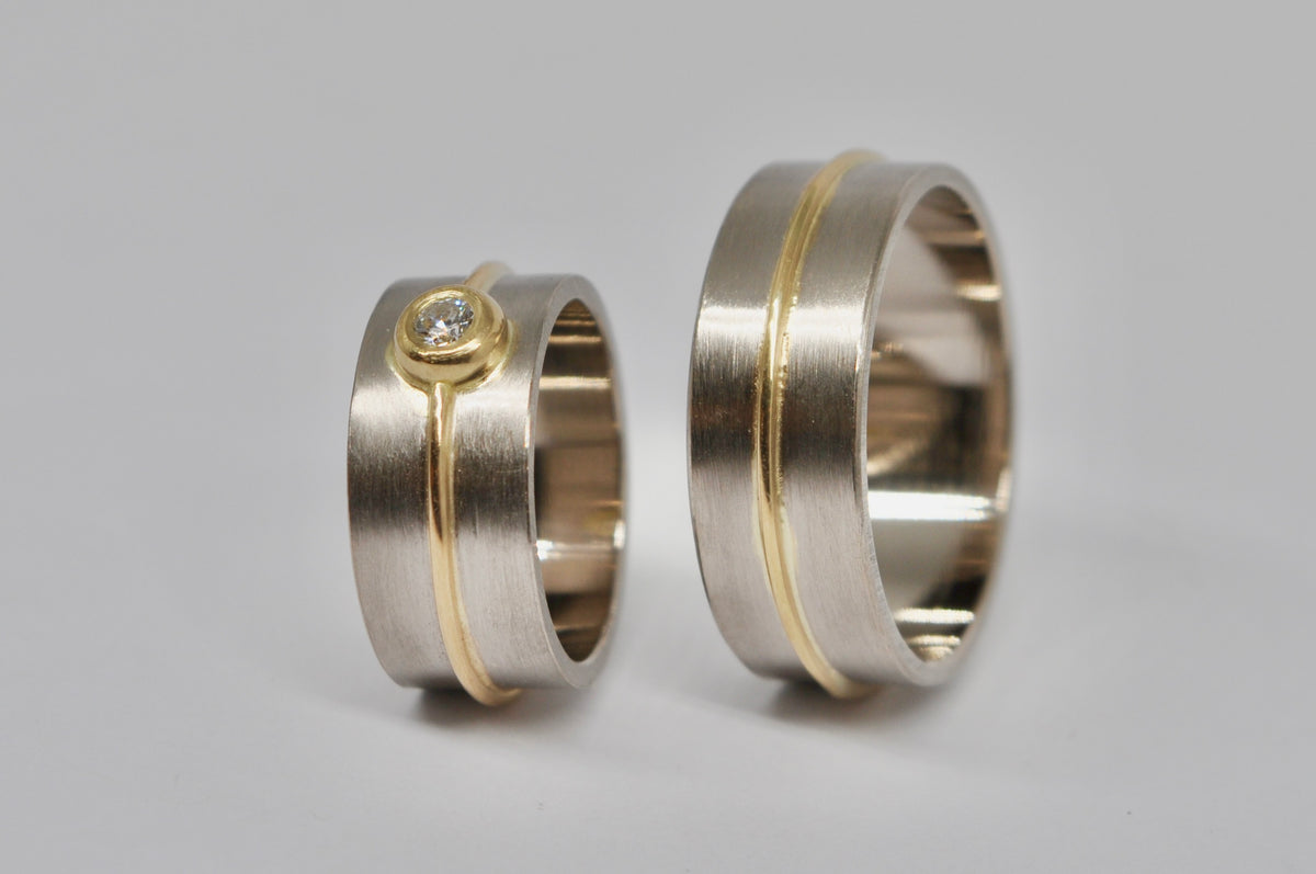 Two-Tone Wedding Bands with Gold Inlay & Diamond Accent