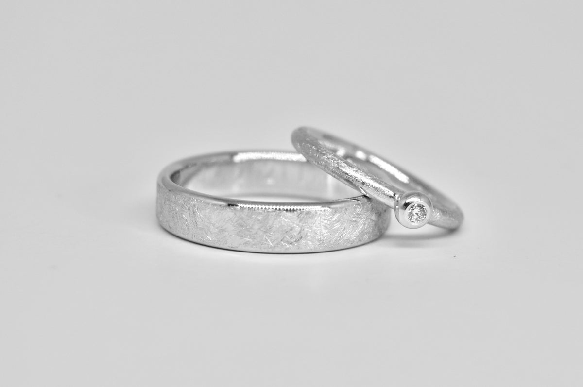 Frosted Wedding Band Set — 18K White Gold &amp; Diamond