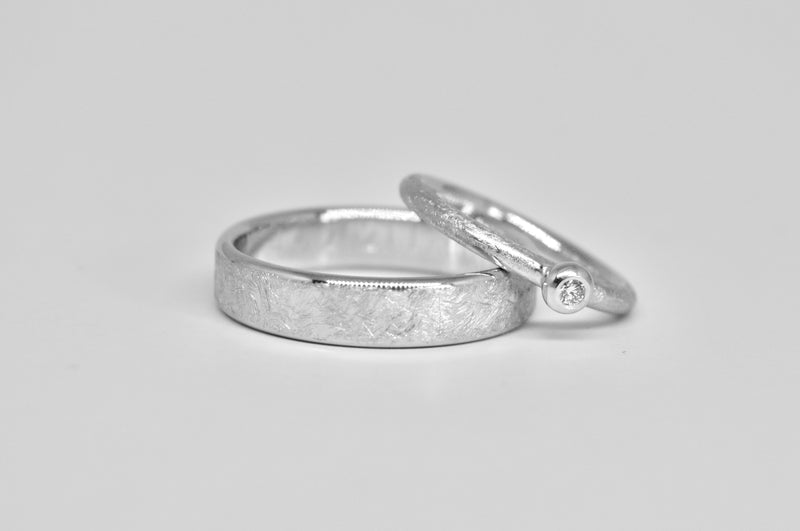 Frosted Wedding Band Set — 18K White Gold &amp; Diamond