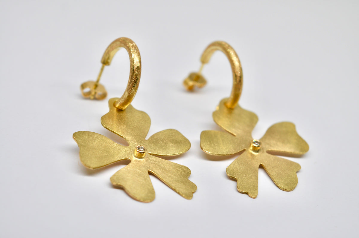 Statement Earrings, 18k Yellow Gold Hoops with Diamond-Set Flowers