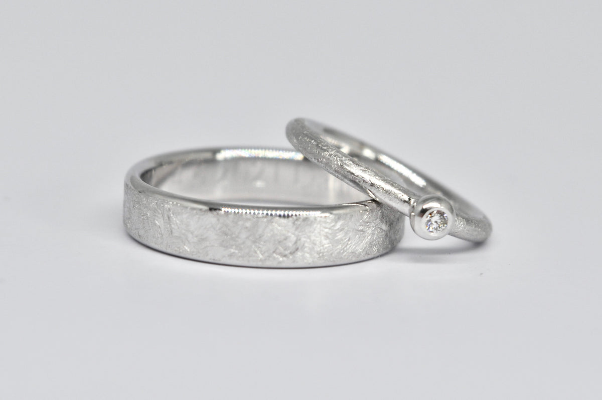 Frosted Wedding Band Set — 18K White Gold &amp; Diamond
