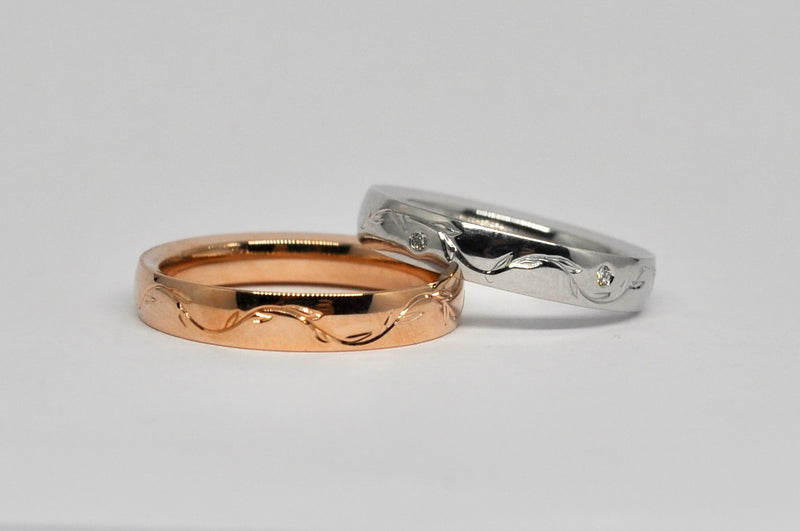 Textured Wedding Band Set - Rose Gold & White Gold with Diamonds