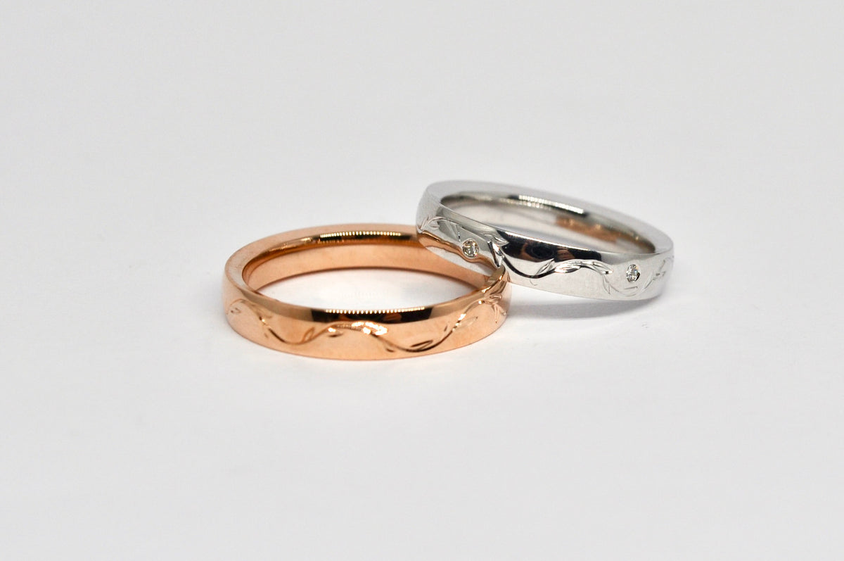 Textured Wedding Band Set - Rose Gold & White Gold with Diamonds