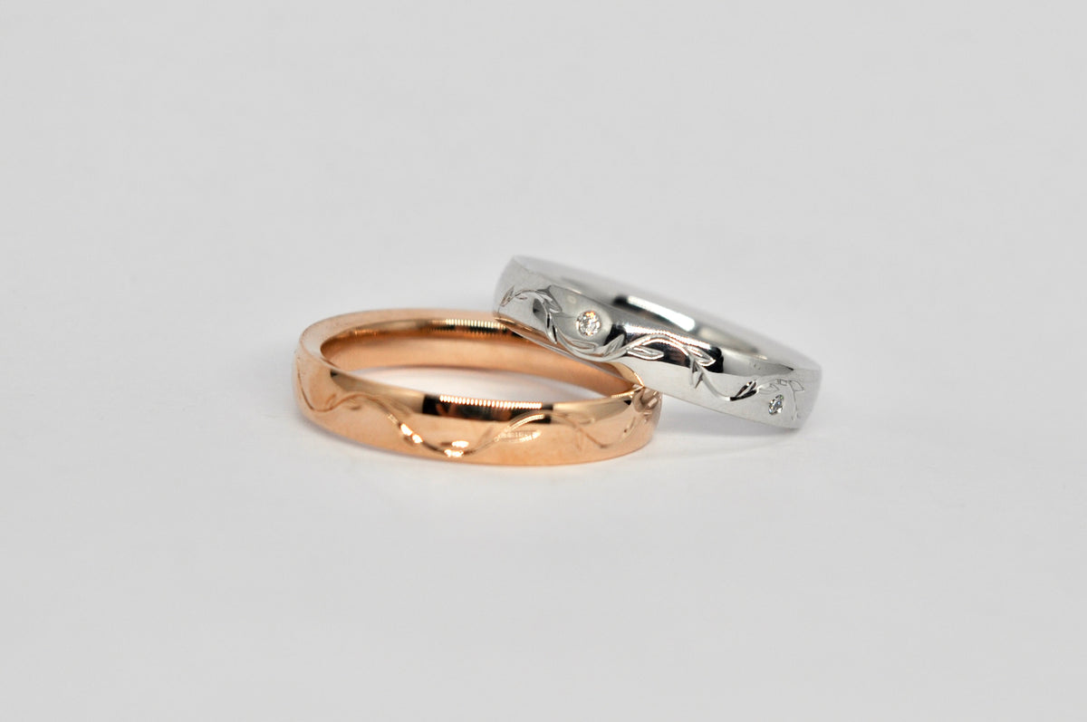 Textured Wedding Band Set - Rose Gold & White Gold with Diamonds