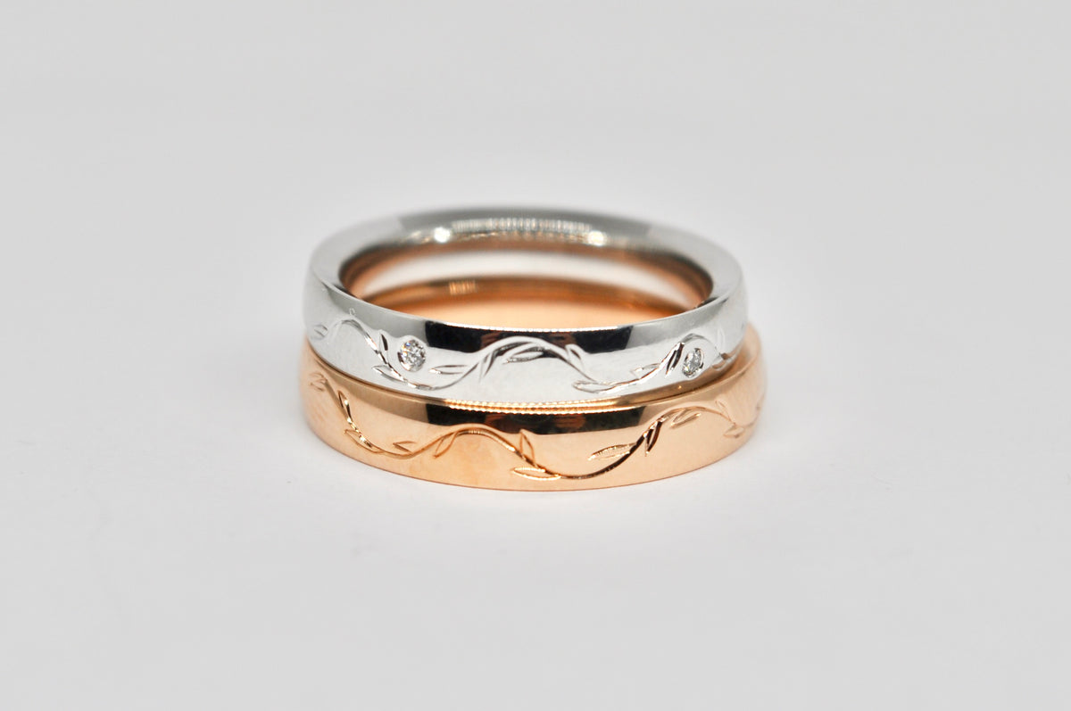 Textured Wedding Band Set - Rose Gold & White Gold with Diamonds