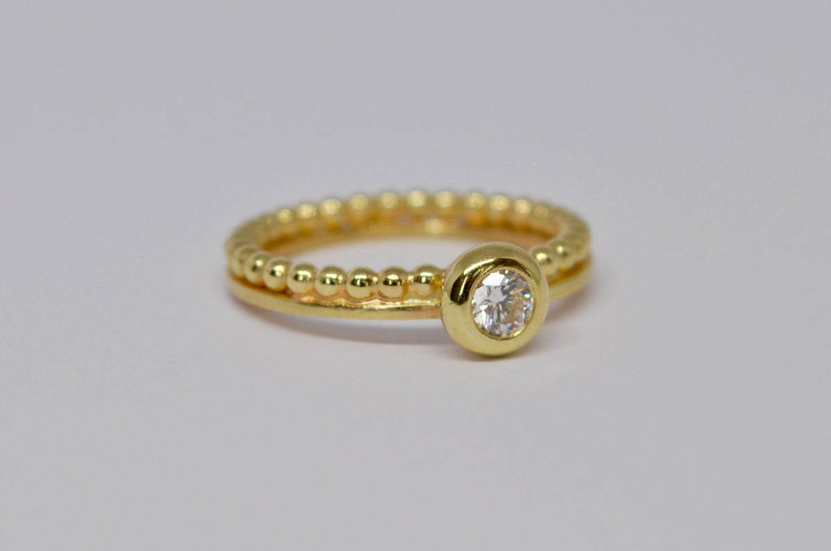 18K Yellow Gold Diamond Bezel Ring with Beaded Band