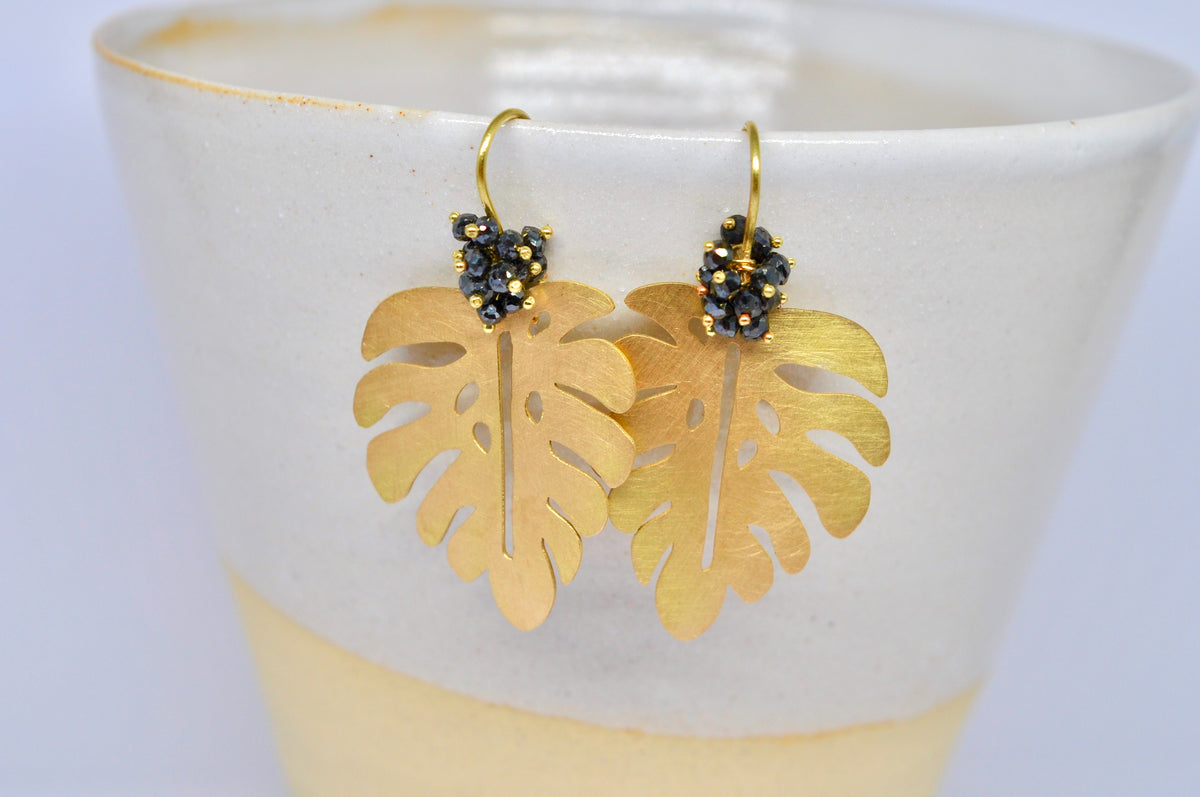 Dangling Palm Leaf Earrings, Black Diamond Beads