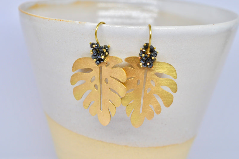 Dangling Palm Leaf Earrings, Black Diamond Beads