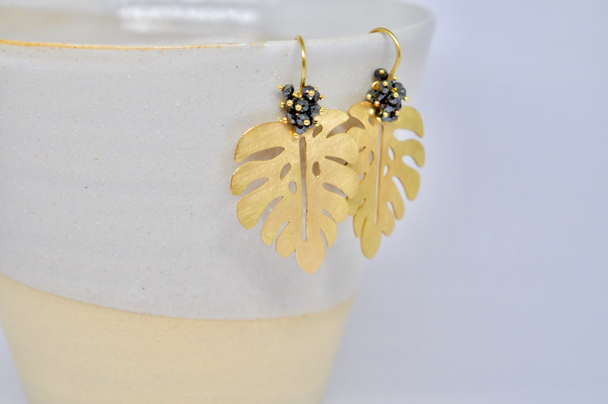 Dangling Palm Leaf Earrings, Black Diamond Beads