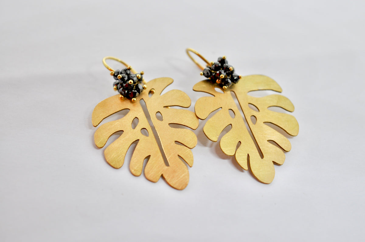 Dangling Palm Leaf Earrings, Black Diamond Beads