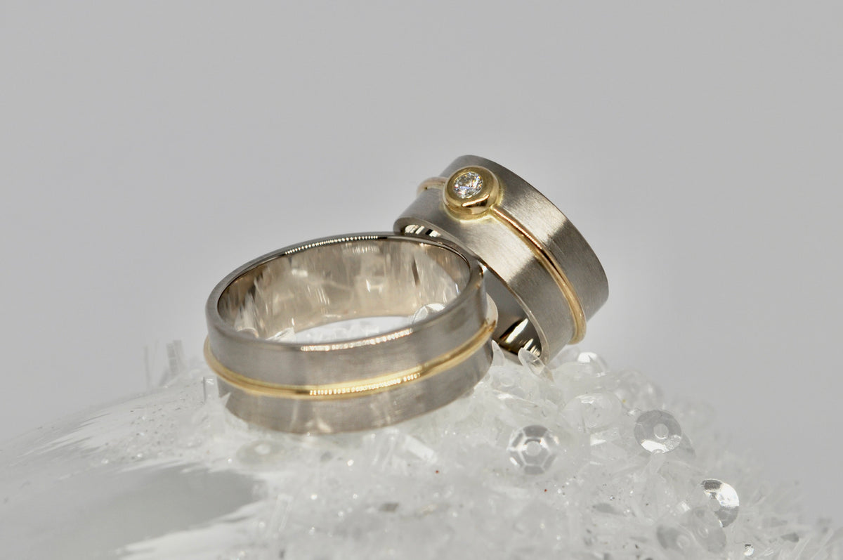 Two-Tone Wedding Bands with Gold Inlay & Diamond Accent