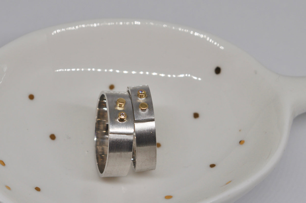 Brushed White Gold Wedding Bands with Yellow Gold & Diamond Accents