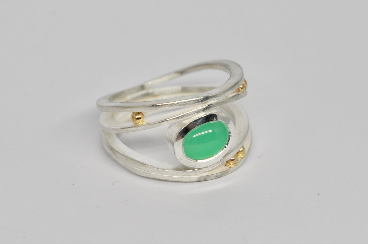 Sterling Silver & 18k Gold Ring with Chrysoprase Cabochon
