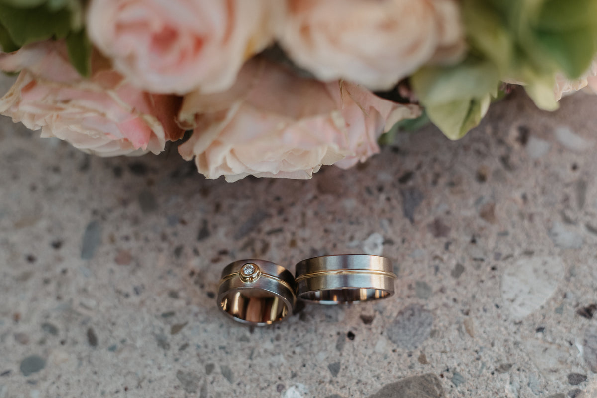 Two-Tone Wedding Bands with Gold Inlay & Diamond Accent