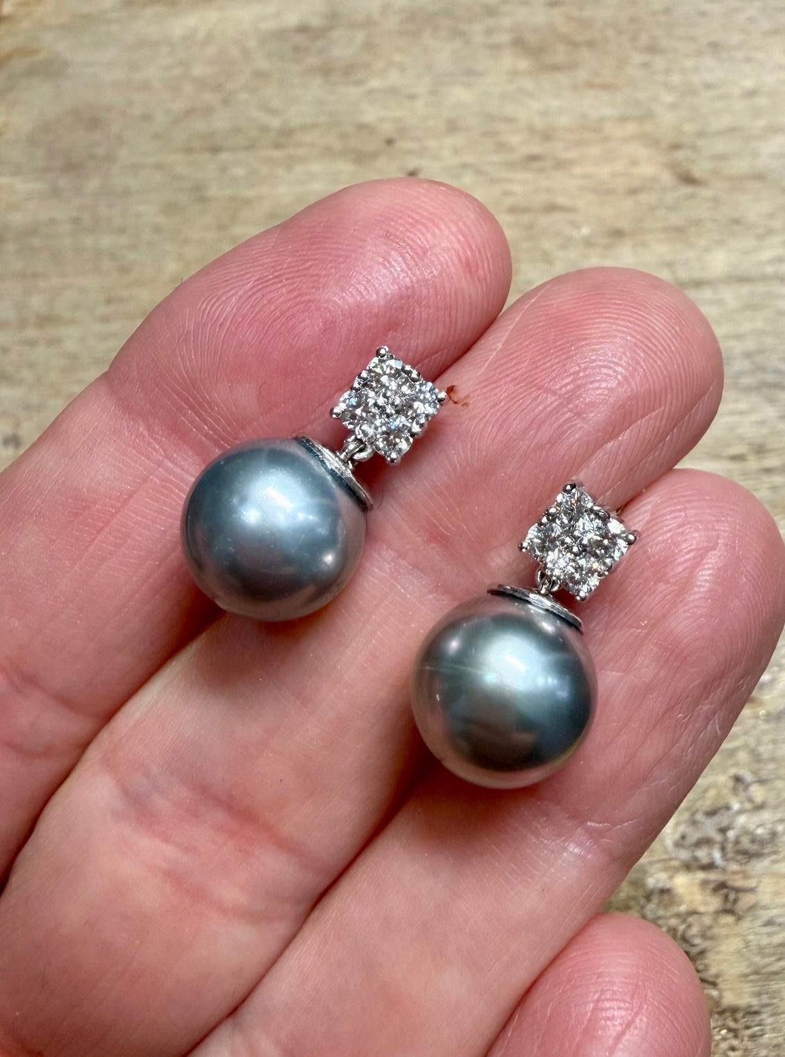Tahitian Pearl Studs, Diamonds, 18k White Gold