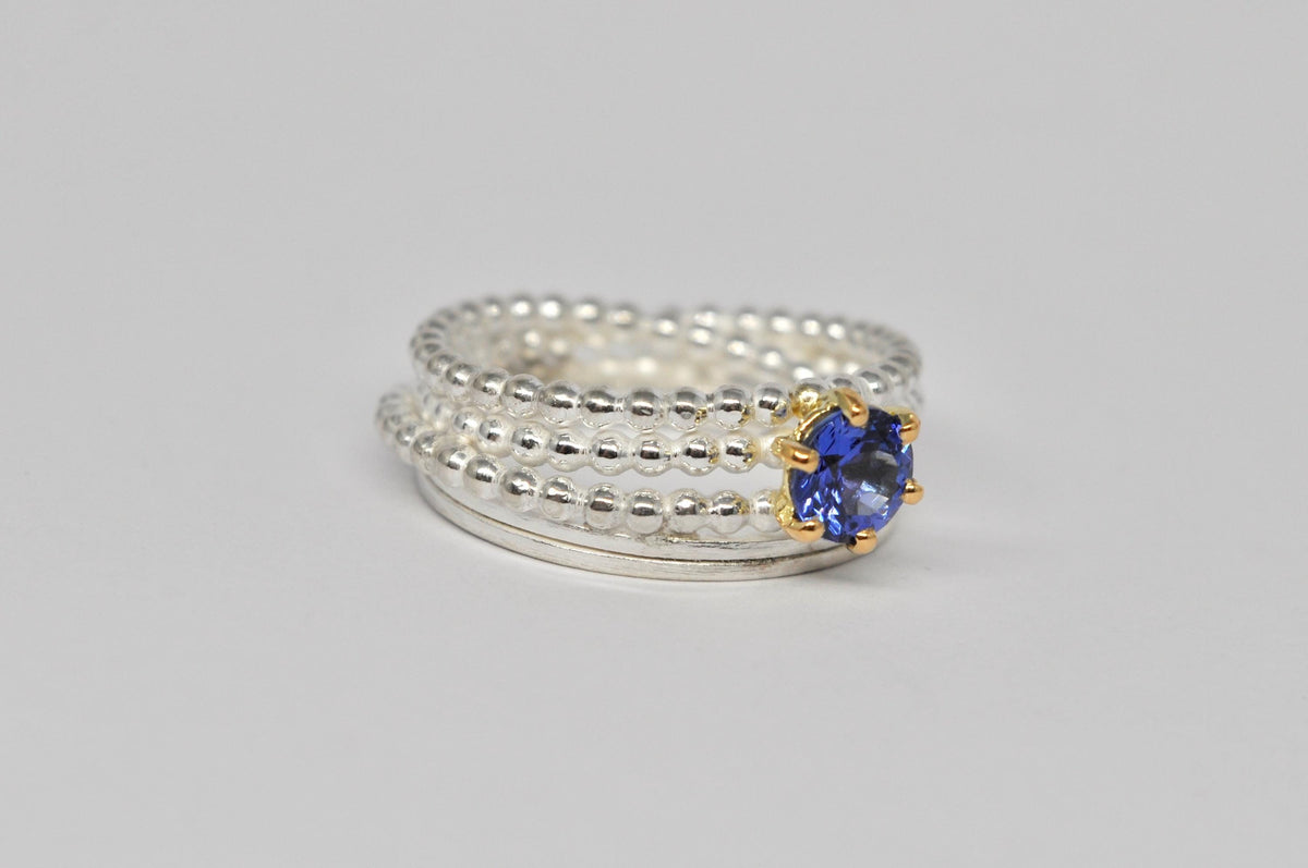 Endless wrapped ring, silver and gold ring, tanzanite