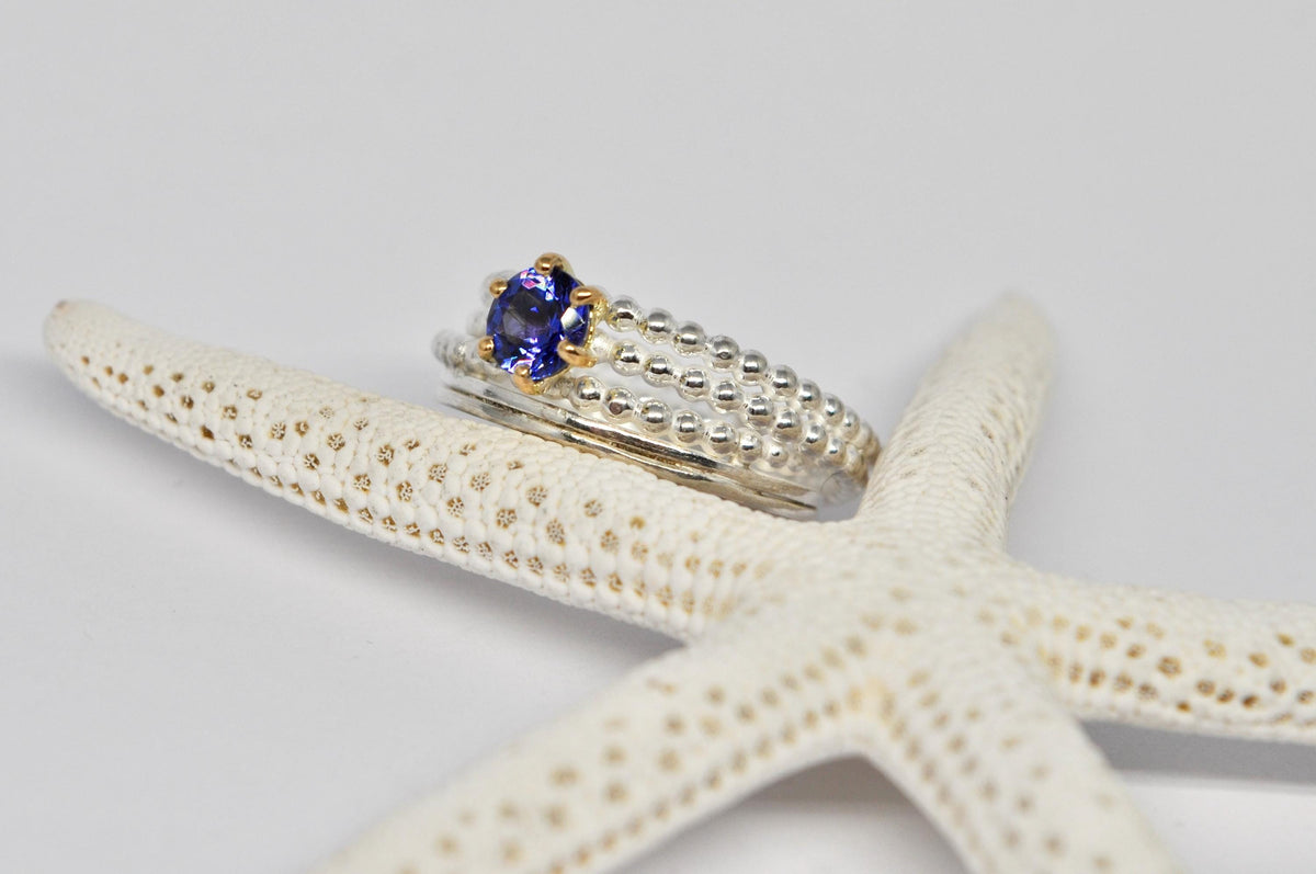 Endless wrapped ring, silver and gold ring, tanzanite