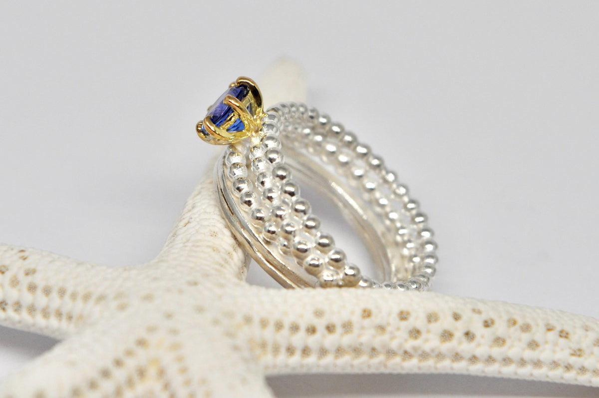 Endless wrapped ring, silver and gold ring, tanzanite