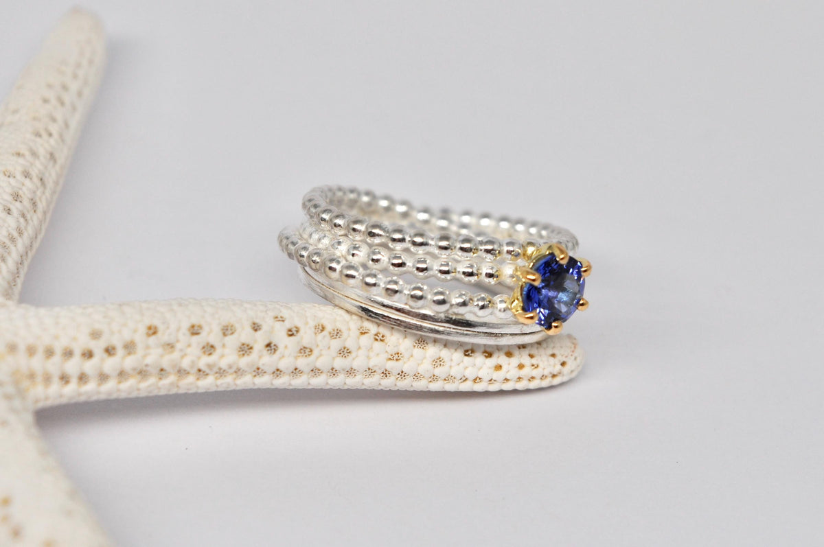 Endless wrapped ring, silver and gold ring, tanzanite