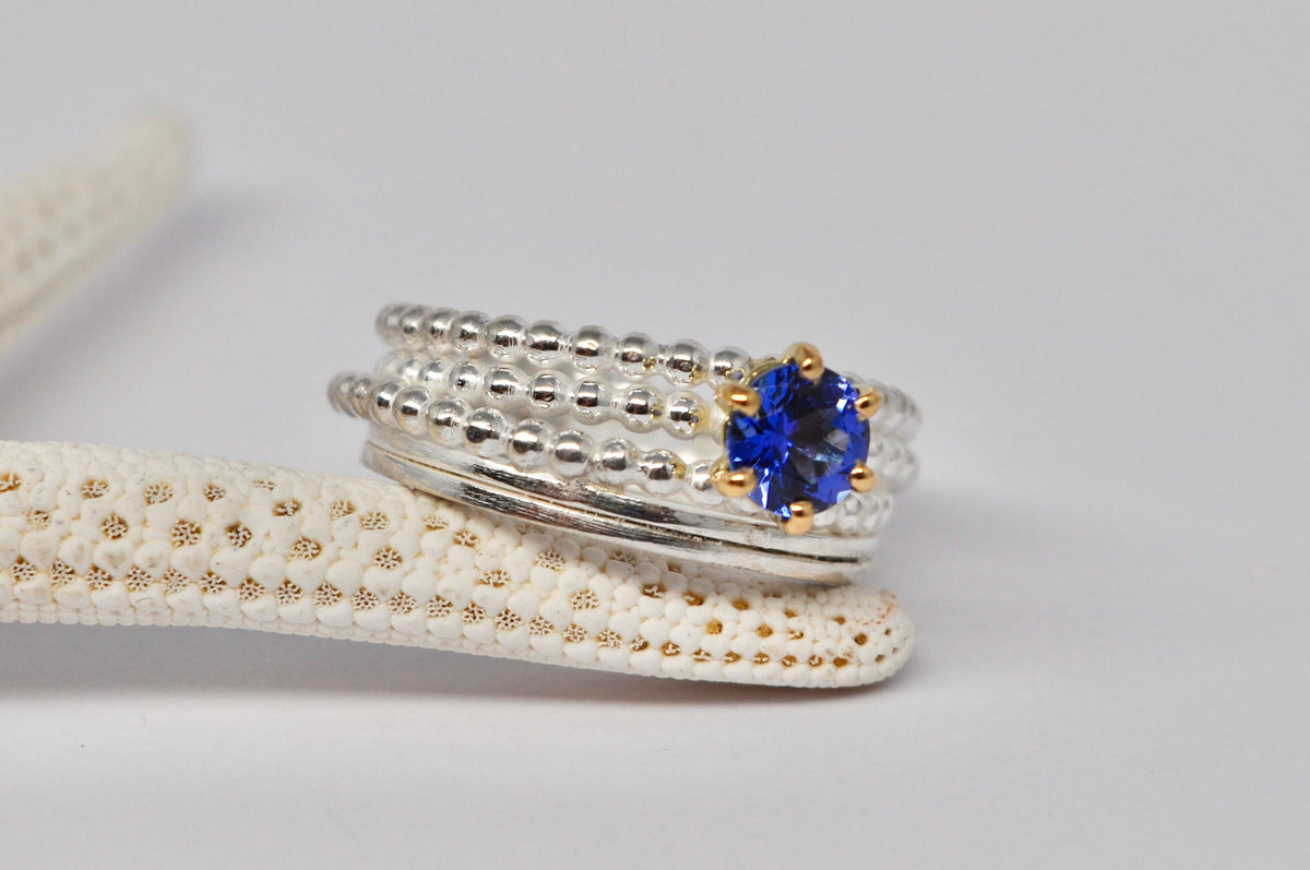 Endless wrapped ring, silver and gold ring, tanzanite